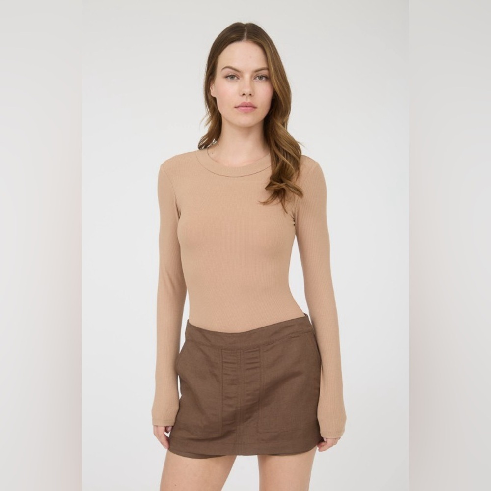 The Workshop Round Neck Long Sleeve Sweater Knit Bodysuit In Tan